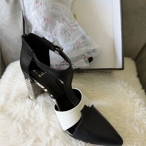 New York & Company Black and White Pointed Toe Ankle Strap Heel